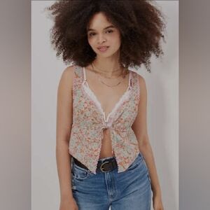 American Eagle Tie-Front Corset Pink Multi Floral Tank Top Large
